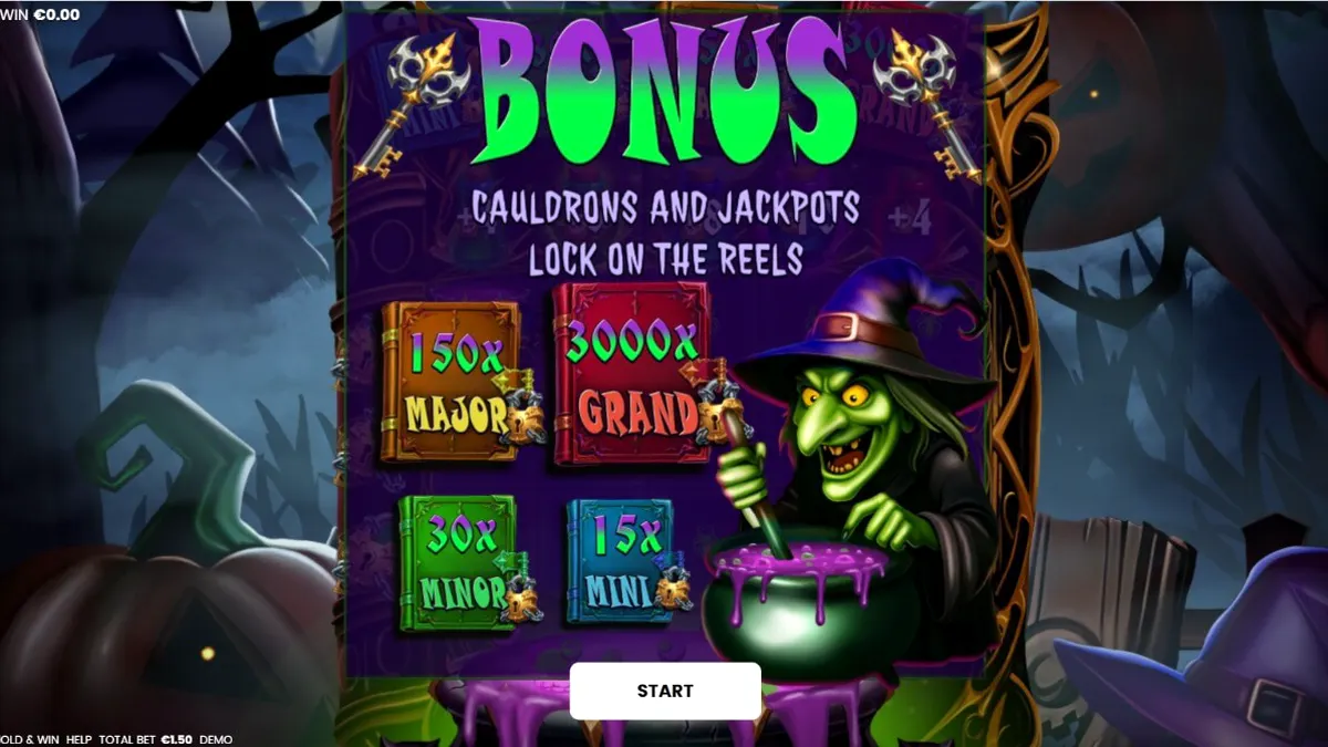 Tampilan antarmuka seluler slot Witches’ Fortune: Hold & Win dengan simbol ramuan dan kuali.